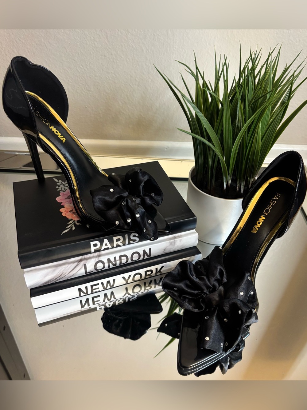 Fashion Nova Black Satin Ruffle Pointed Stiletto Heels with Rhinestones